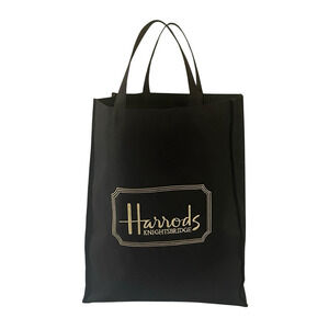 HARRODS Large Black Gold Tone Embroidered Logo Tote Double Handle Shopper Bag